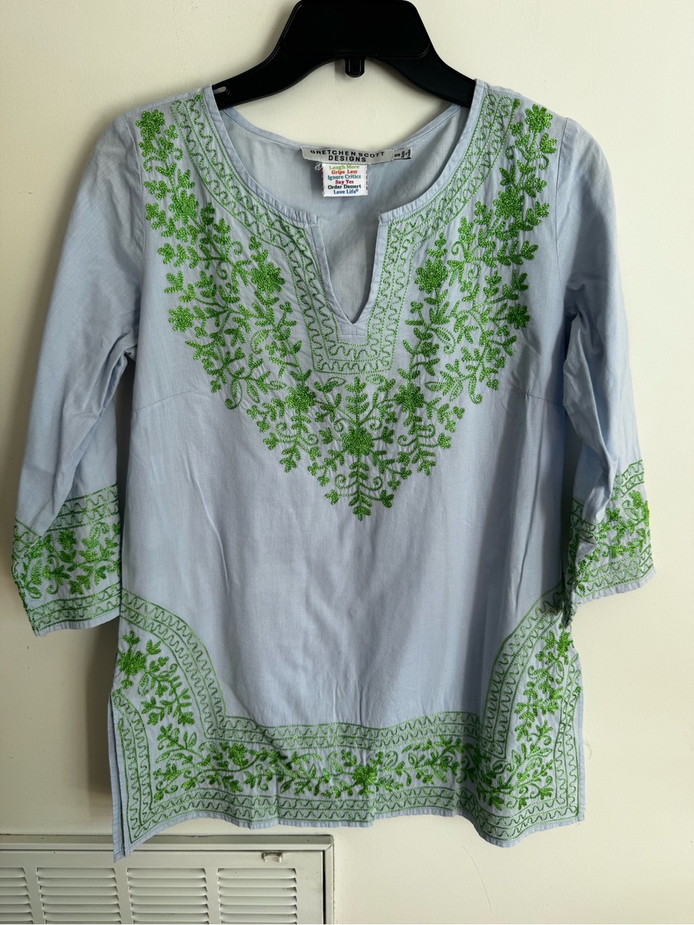 Gretchen Scott blue Cotton Tunic Top Embroidered V-Neck 3/4 Sleeves boho